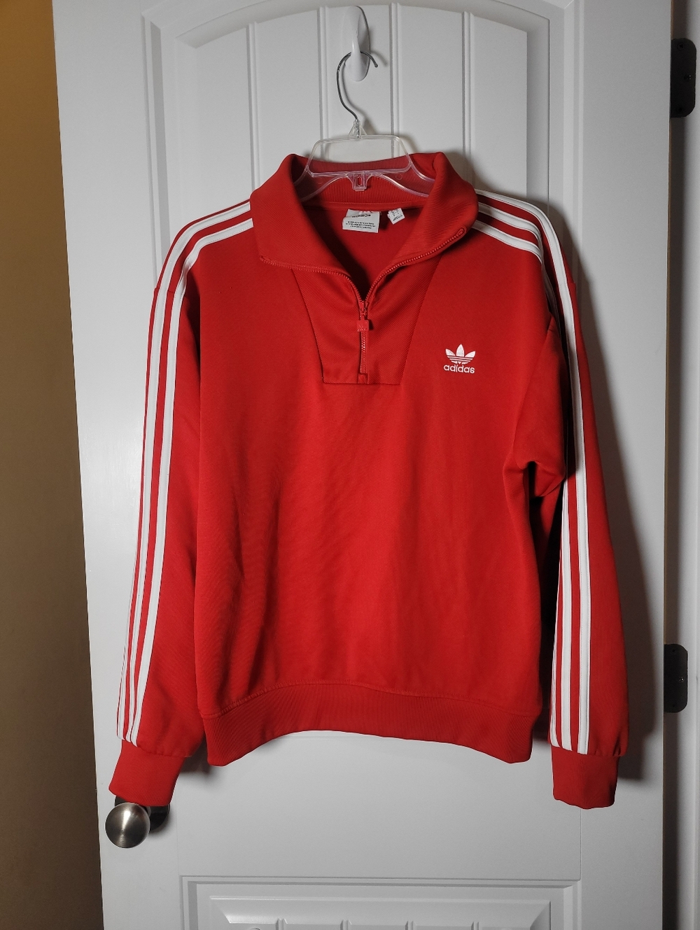 Adidas Men’s Red 1/4 Zip-Up Three-Stripe Pullover jacket. Size Small